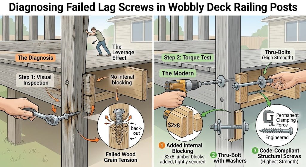 Diagnosing Failed Lag Screws in Wobbly Deck Railing Posts